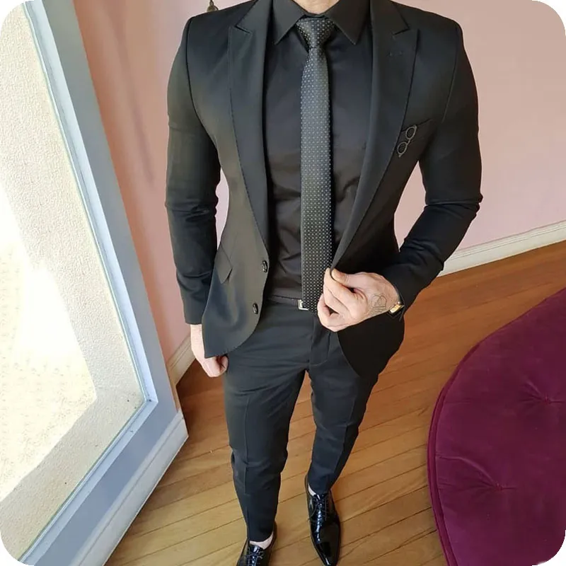 Custom Black Groom Tuxedos Slanke Mannen Pakken Voor Bruiloft Piek Piek Revers Man Blazer Jas Broek 2 Stuk Prom Party Terno Masculino Kostuum Homme