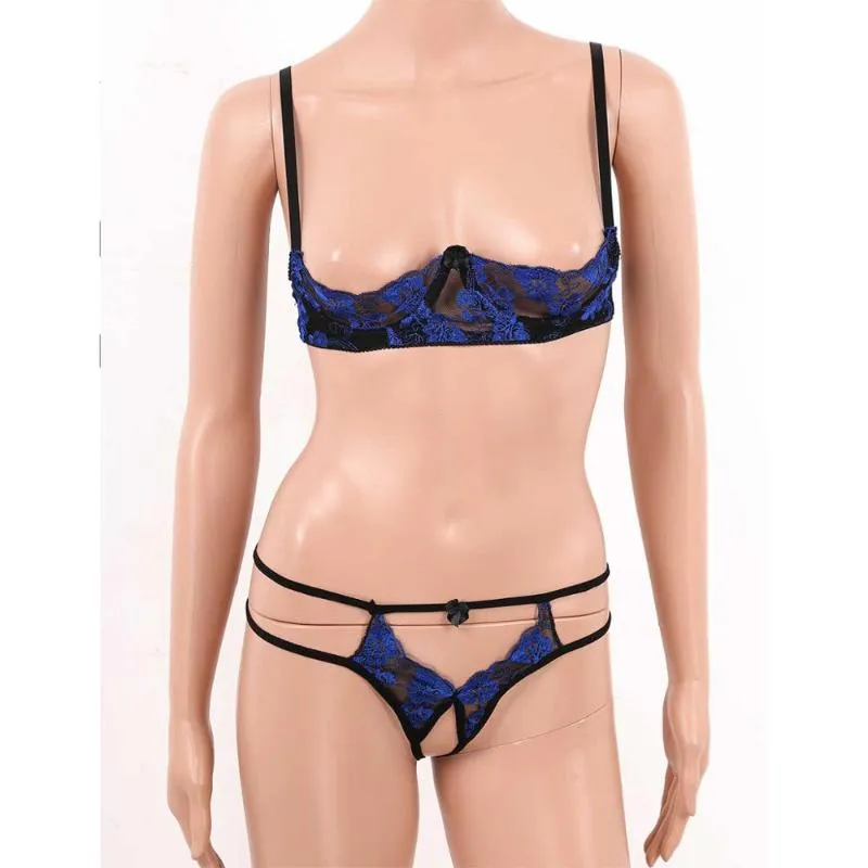 Sexy Lace Lingerie Set Blue Sheer Crotchless Lingerie for Women