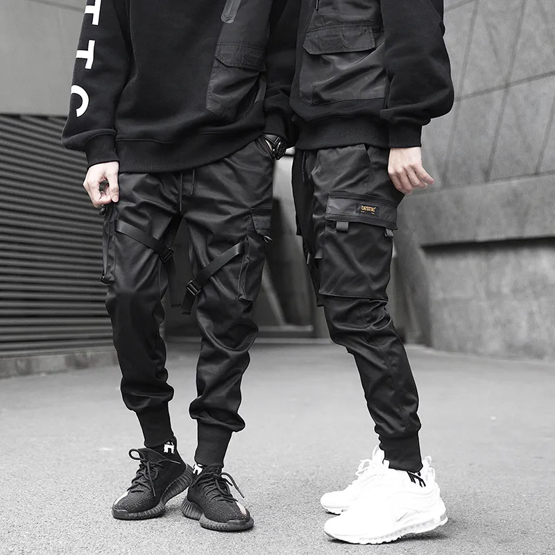 Septhydrogen marque 2019 hommes rubans bloc noir poche Cargo pantalon Harem Joggers Harajuku pantalon de survêtement Hip Hop tatical pantalon