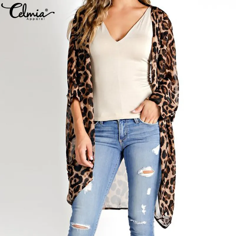 Celmia Vintage Kimono Cardigan Frauen 2019 Sommertops Lose Leoparden-gedruckte Bluse Beiläufige Strand-Cover Up Hemd Plus Größe Blusas C19041001