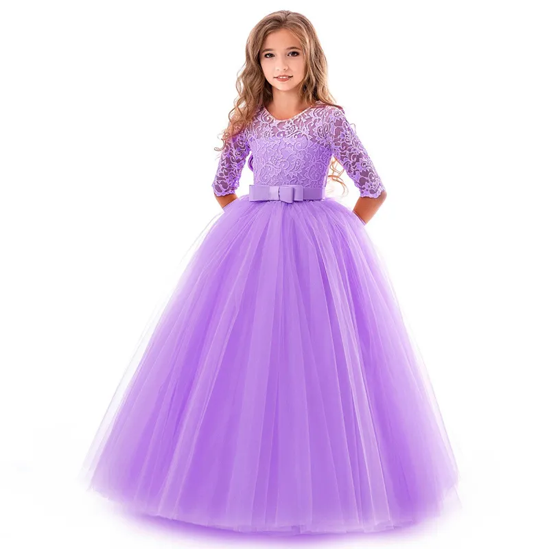 Meisjesjurk Prinses Jurk 17 Ontwerp Solid Mesh Prom Jurken Kinderkleding Meisjes Bruiloft Bloem Meisje Rok Boog Kant Party Jurken 06