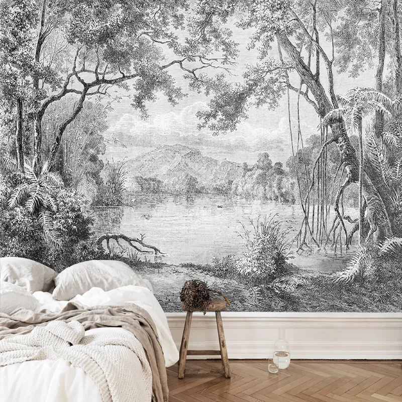 Aangepaste foto behang zwart en wit bos muurschildering Europese retro handgeschilderde lijn regenwoud jungle schilderij papel de parede