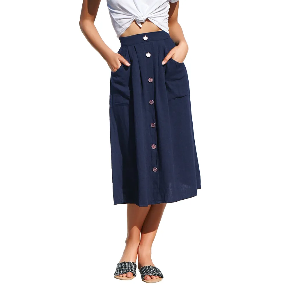 Summer High Waist Women Skirts Mid-Calf with Buttons Lady Bodycon Loose A-Line Midi Skirt Pockets 2019