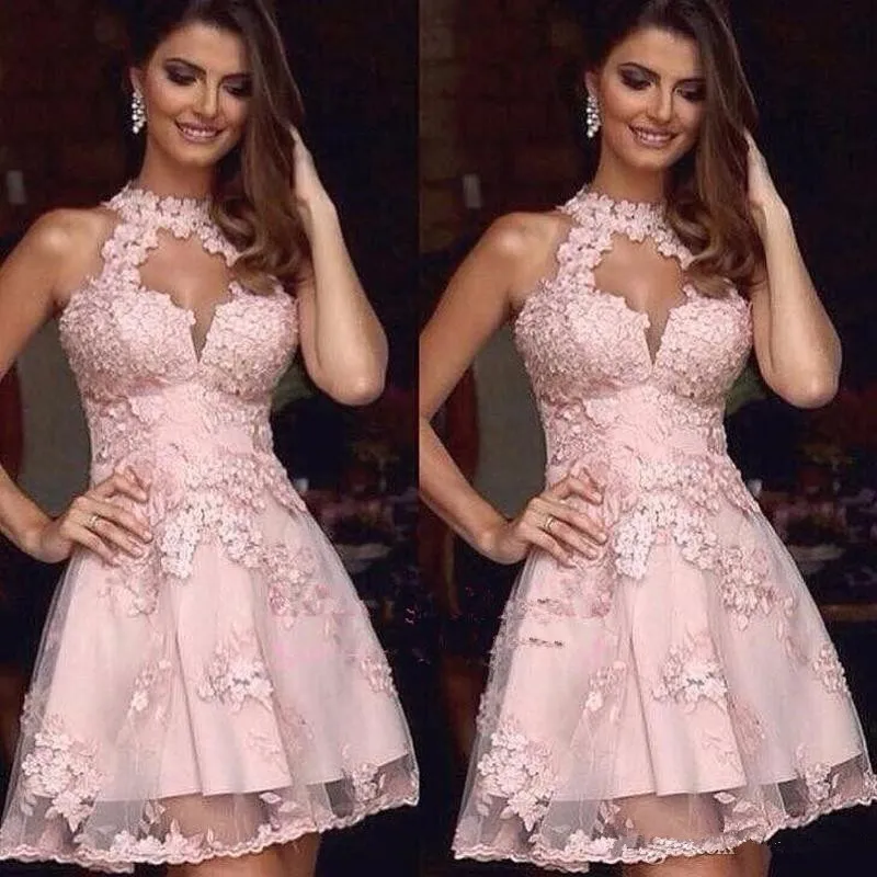 Elegante cocktail jurken roze juweel kant applicaties korte homecoming jurk backless arabische formele avondjurken mini prom feestjurken 18