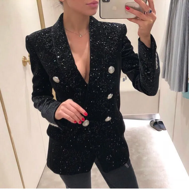 Modischer, hochwertiger zweireihiger Pleuche-Blazer für Damen, glitzernde BlingBling-Jacke, Schalkragen, silberne Metallknöpfe, Mantel