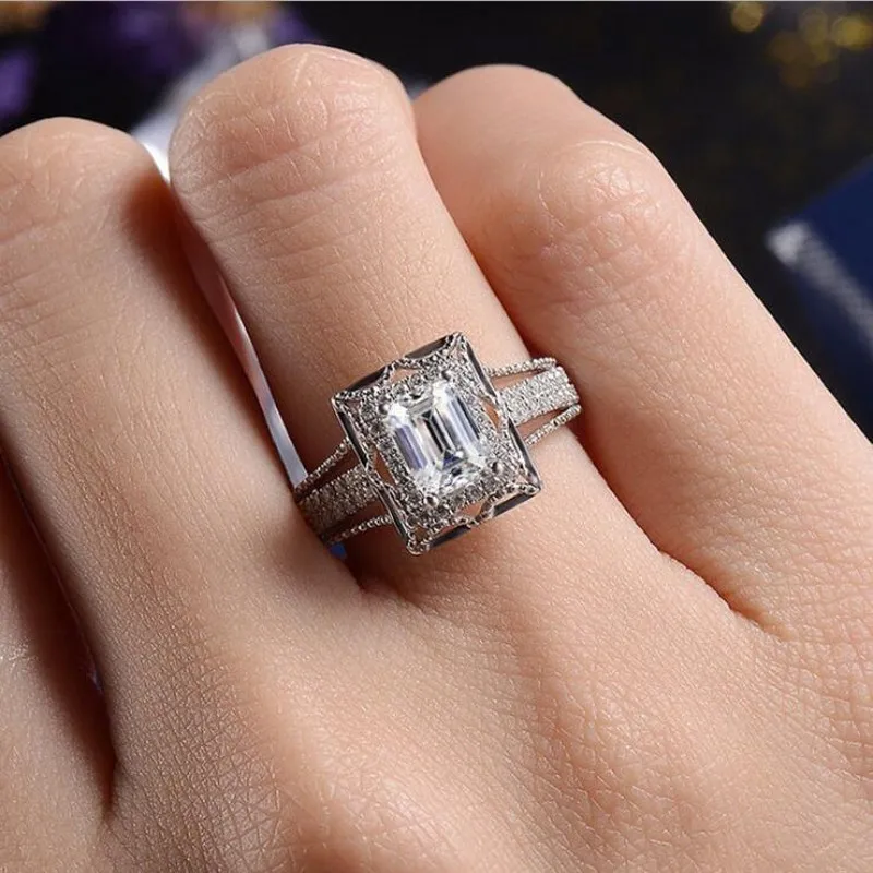 Drop Shipping Luxury Smycken 925 Sterling Silver Princess Cut White Topaz CZ Diamond Gemstones Eternity Women Wedding Bridal Ring Gift