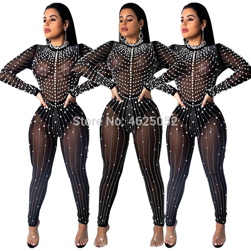 Diamant och pärla ren mesh jumpsuit kvinnor sexig långärmad nattklubb fest romper kvinnlig mantel outfits plus storlek xl