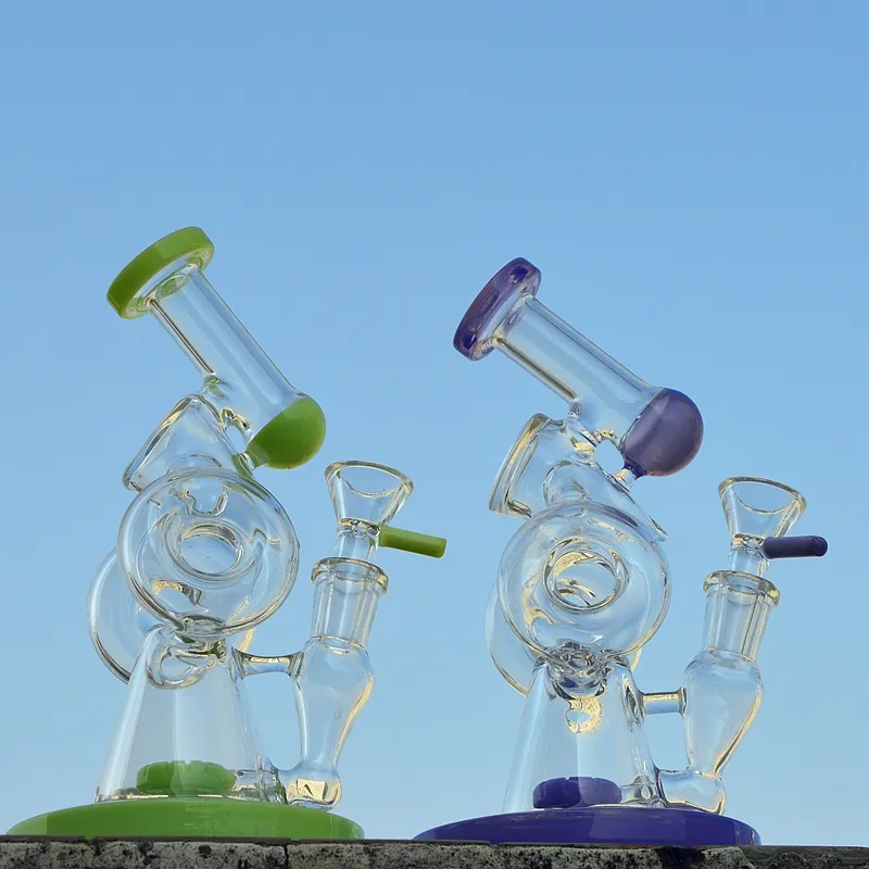 Bong in vetro da 8 pollici Double Recycler Bong inebriante in vetro per acqua Oil Rig Purpel Green Tubo piegato Donut Perc Dab Rigs Water Pipe XL320