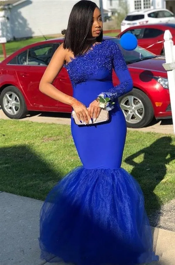 Sexy Royal Blue Mermaid Prom ein Schulterspitzen Applikationen Perlen Tüll schwarze Mädchen bodenlange Plus -Größe Abendkleider Partykleider