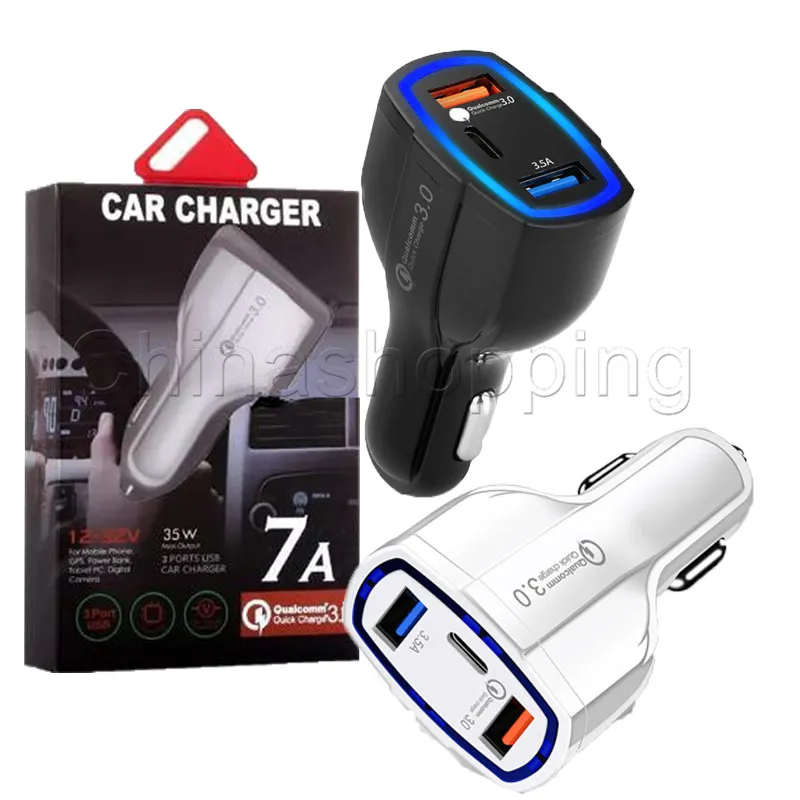 35W 7A 3 Ports Car Chargers QC 3.0 Type C en USB Quick Charger met Qualcomm 3.0 -technologie voor mobiele telefoon GPS Power Bank Tablet Pad