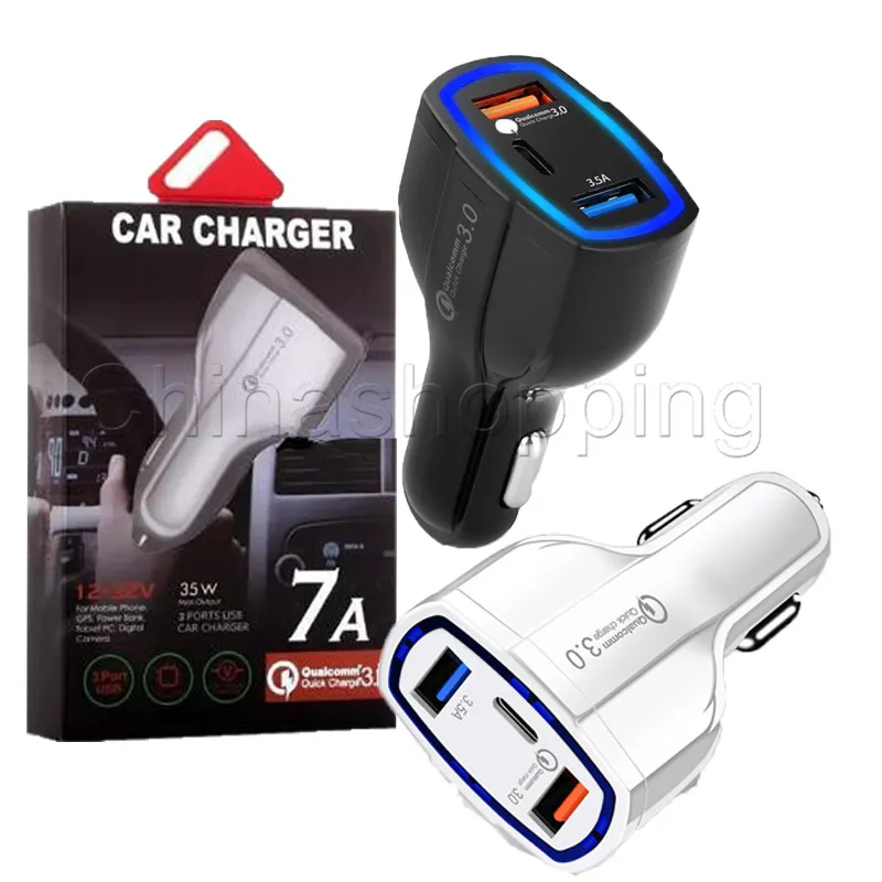 35W 7A 3 Ports Car Chargers QC 3.0 Typ C och USB Quick Charger med Qualcomm 3.0 Teknik för GPS Power Bank -pad för mobiltelefon