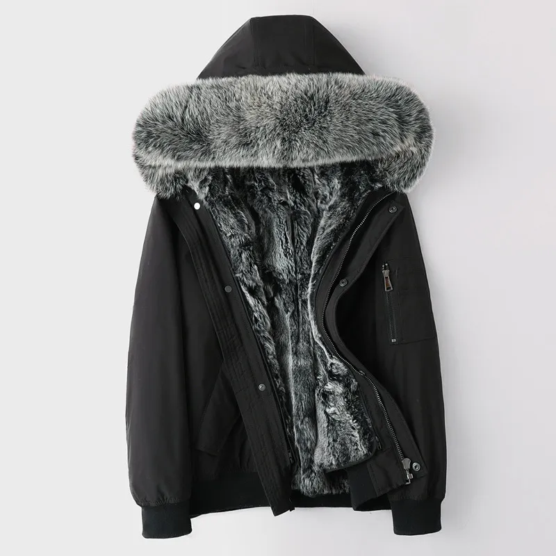 Winter Shearling Jacket Fox Fur Hooded Mens Short Real Fur Coat Parkas Snow Wear Tjock varm WinDbreaker Ytterkläder Overcoat Plus Storlek 5XL