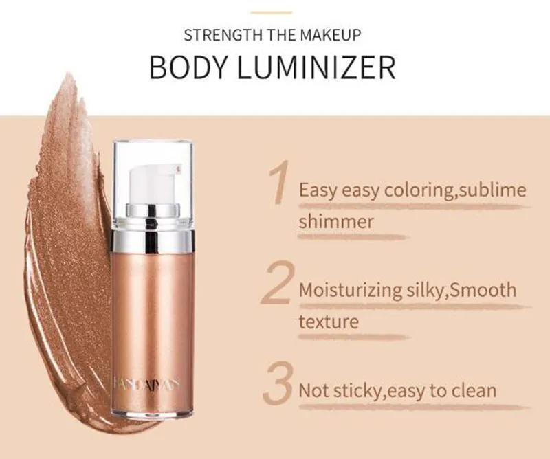 Varumärke handaiyan metallisk flytande ansikte kropp luminizer skimmer highlighter makeup palett kropp bronzer flytande smink kropp cream dhl frakt