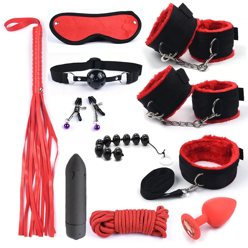 11 Stücke Sexspielzeug für Frau Erotikspiele Handschellen Peitsche Mundknebel Seil Silikon Butt Plug Bdsm Bondage Set Bead Anal Plug Vibratoren Y200422