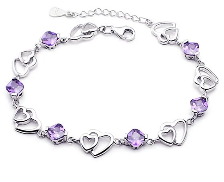 Temperament Women's Silver Plated Bracelet Women's Double Heart Amethyst Bracelet Women's Jewelry Bracelet WY576