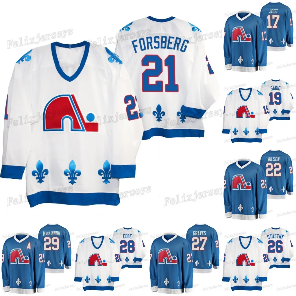 21 Peter Forsberg Héritage des Nordiques de Québec 29 Nathan Mackinnon Ian Cole Ryan Graves Peter Stastny Colin Wilson Joe Sakic Maillot Tyson Jost