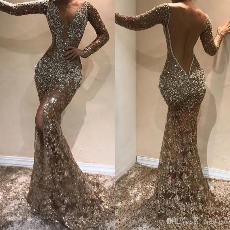 Vintage Sparkly Crystal Prom Evening Dress Long Sleeve Deep V-Neck Formal  Party Gown Sexy Slit Pageant Gowns