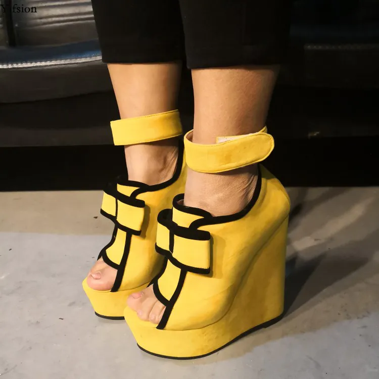 Rontic New Women Platform Sandals Sexy Wedges High Heels Shoes Peep Toe Charm Yellow Dress Party Shoes Women US Plus Size 5-15