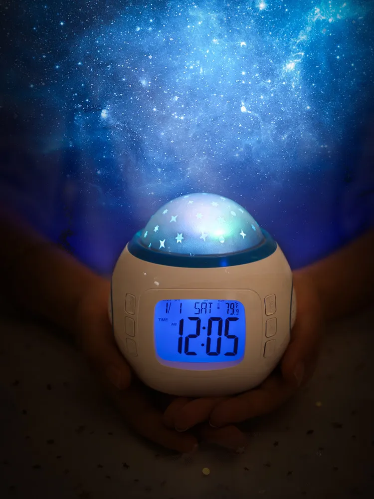 Novelbelysning Färgglad musik Starry Star Sky Projection Projector med väckarklocka Kalender Thermometer Gift Christmas