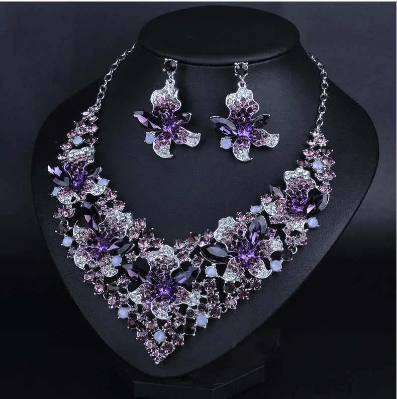 Women Jewelry Sets Purple Crystal Pendant Necklace Earrings Wedding Party  Gift | eBay