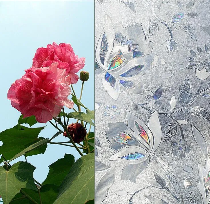 3D-Blumen-dekorative Fenster-Sichtschutzfolie, Buntglas-Fensteraufkleber, selbstklebende Vinyl-Statik-Anti-UV-Glastönungsfolie