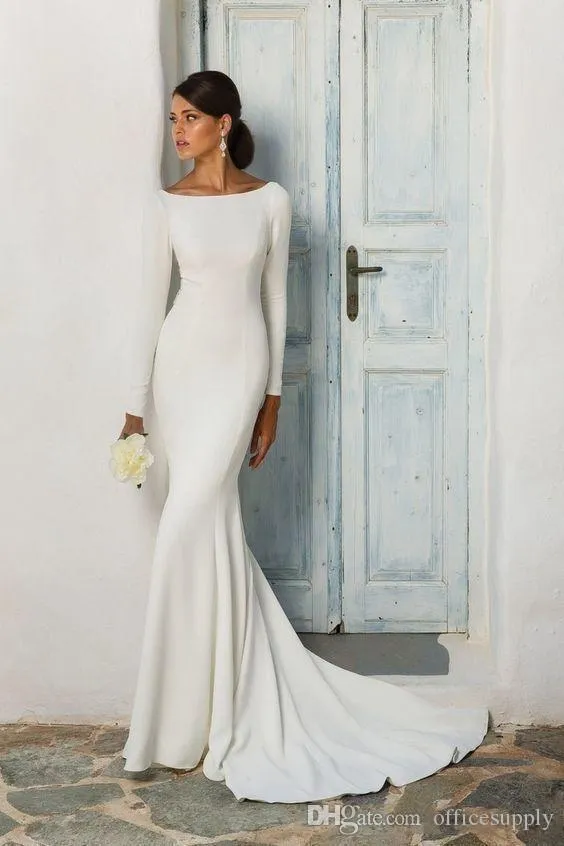 Simple White Satin Trumpet Wedding Dresses with Bow Ribbon – loveangeldress