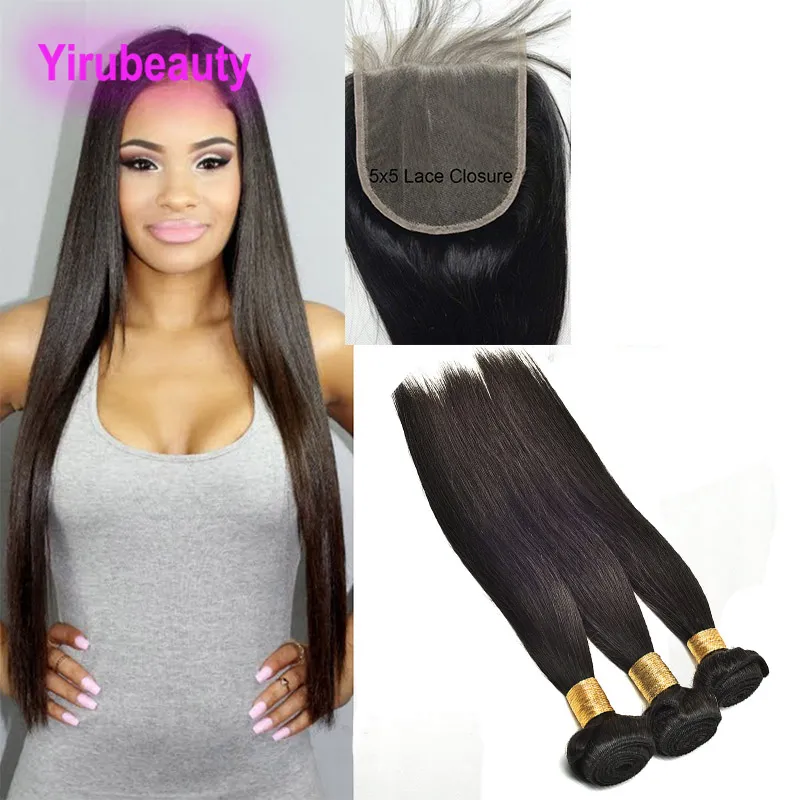 Pacote de cabelo humano peruano com fechamento de renda de 5x5 3 pacotes de 10 a 30 polegadas de Extensões de Cabelo Virgens Virgem Fechamentos