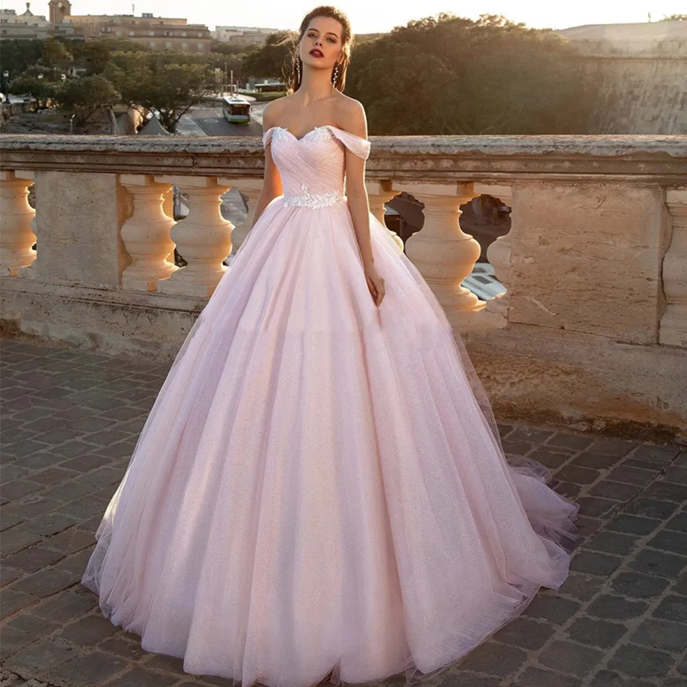 Pink Princess bola vestidos de casamento Vestido de Off the Shoulder Ruched Tulle saia do espartilho Voltar colorida do vestido nupcial vestido de noiva com cor