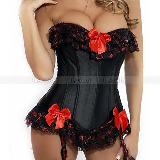 Zwart Flouncing Overbust Corset met jarretel Sexy Lace Up Bustier Lingerie Top S M L XL 2XL