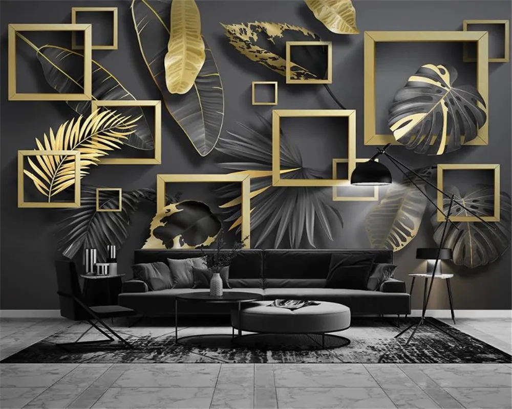 Custom 3D Photo Wallpaper Nordic Modern Simple Golden Leaf Tropical Plant Stereo Light Luxury Background Wall Mural Wallpaper