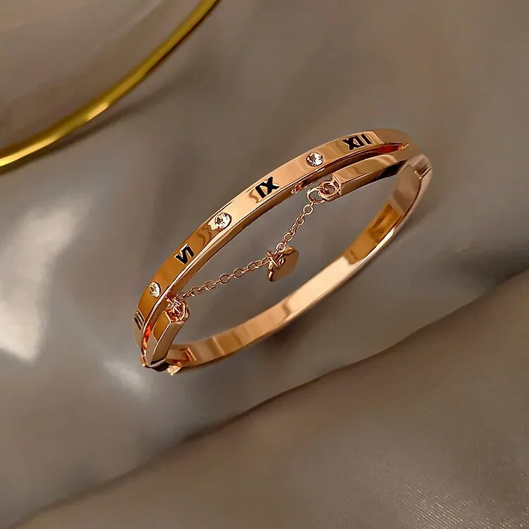 Roman numeral bangle bracelet with heart charm sales