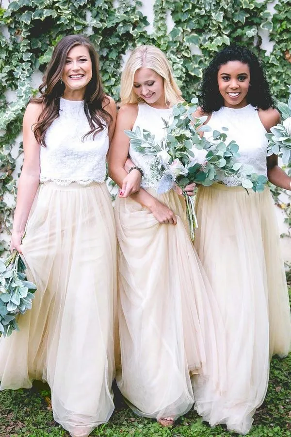 Vintage Country Beach Two-Piece rustic bridesmaid dresses for Weddings - Tulle, White, Lace, and Yellow - Plus Size Formal Maid of Honor Gowns at