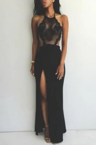 Black Lace Halter Neck Black Lace evening dress - Split for Formal Parties, Proms, and Special Occasions - Floor Length and Affordable