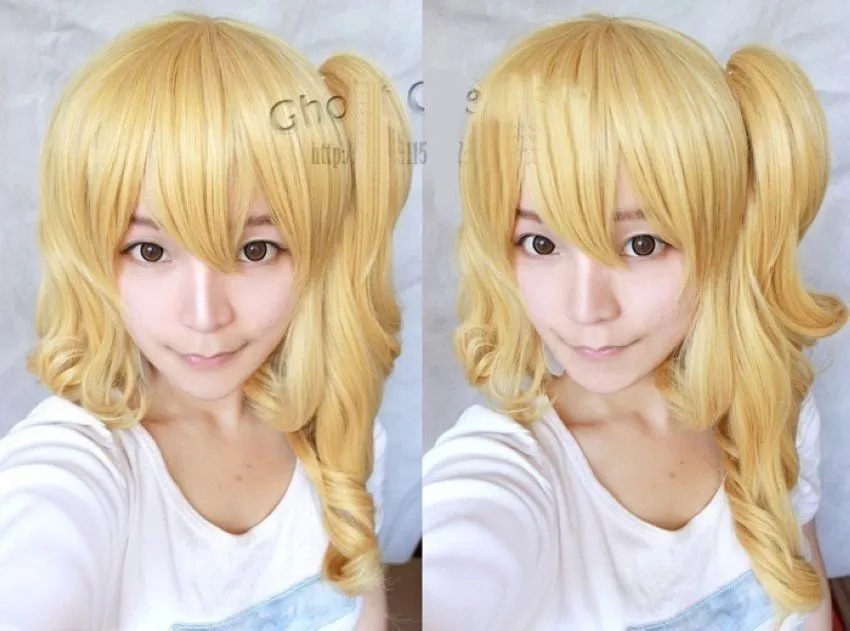 progetto / Parrucca cosplay riccia bionda al latte corta Flandre Scarlet con clip sulla coda