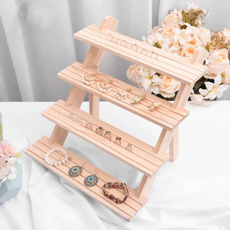 [DDisplay]Floor Ladder Jewelry Display Four layers Ring Jewelry Stand DIY Earring Standing Organizer Natural Wooden Necklace Storage Rack