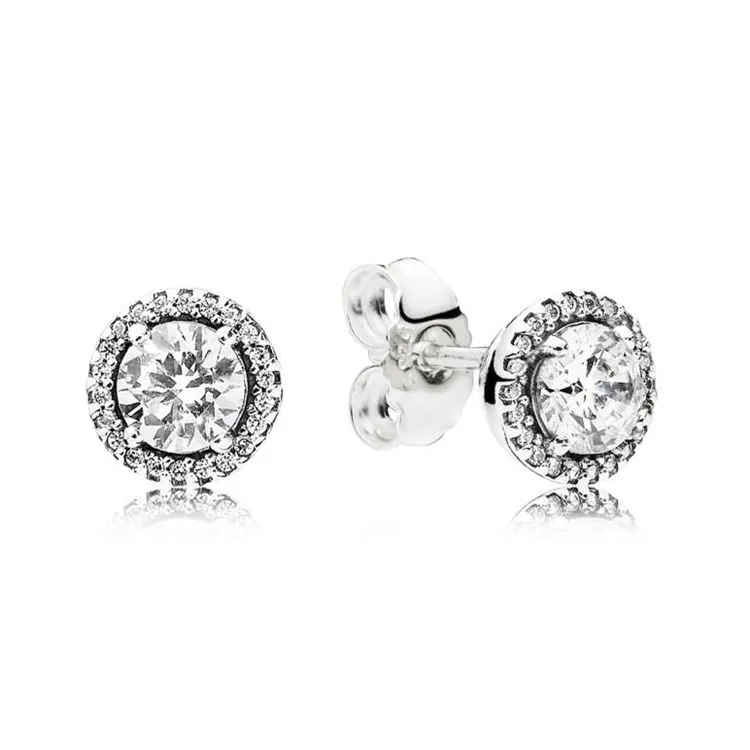 Classic design Round Crystal Diamond Stud Earrings for Pandora 925 Sterling Silver Elegant Womens Earring with Original box Set