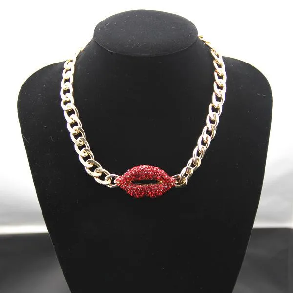 New Fashion guys Hiphop Womens Vintage Red Diamond Lip Pendant Cuban Link Choker Necklace Miami Rapper Jewelry Christmas Gifts for Girls