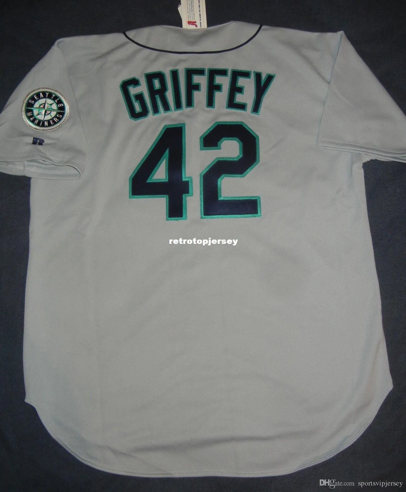 Retro barato Nº 42 de Ken Griffey Jr. Top Russell Athletic SEATTLE Jersey 52 NWT 42 1997 camisola Mens costurado beisebol