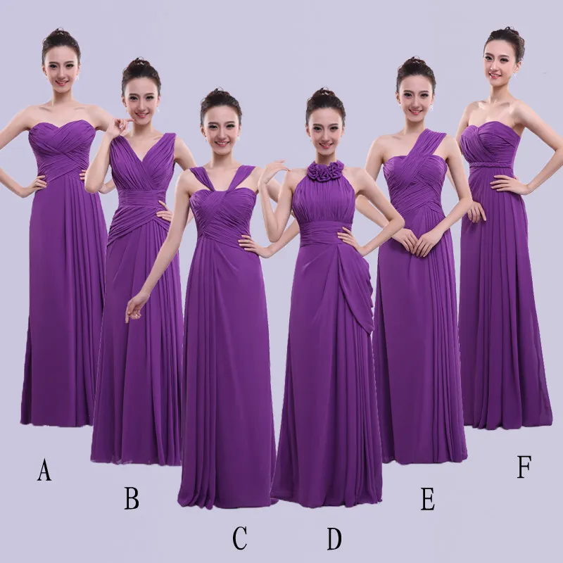 Vestidos de dama de honra longos de chiffon roxo com pregas 2021 vestido de noiva até o chão 6 estilos vestido longo