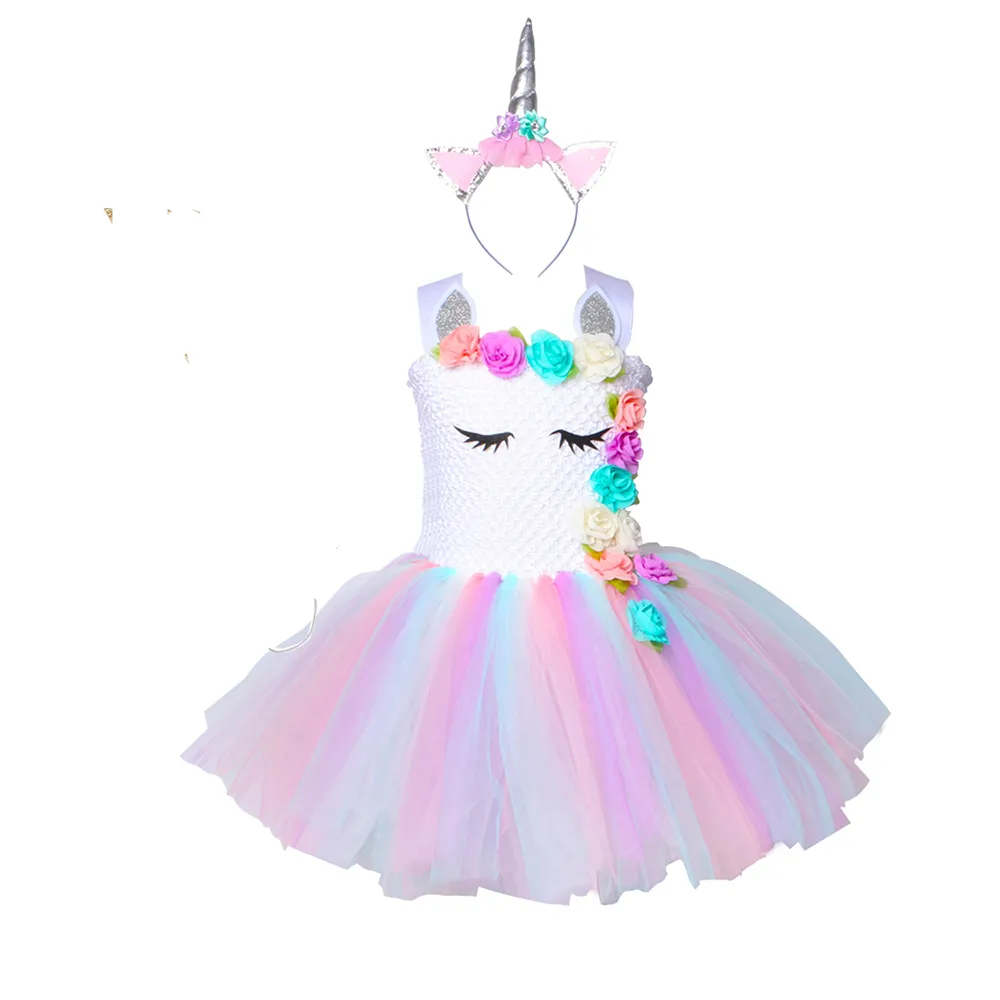 Çiçek Kız Unicorn Tutu Elbise Pastel Gökkuşağı Prenses Kız Doğum Günü Partisi Elbise Çocuk Çocuklar Cadılar Bayramı Unicorn Kostüm 1-14Y