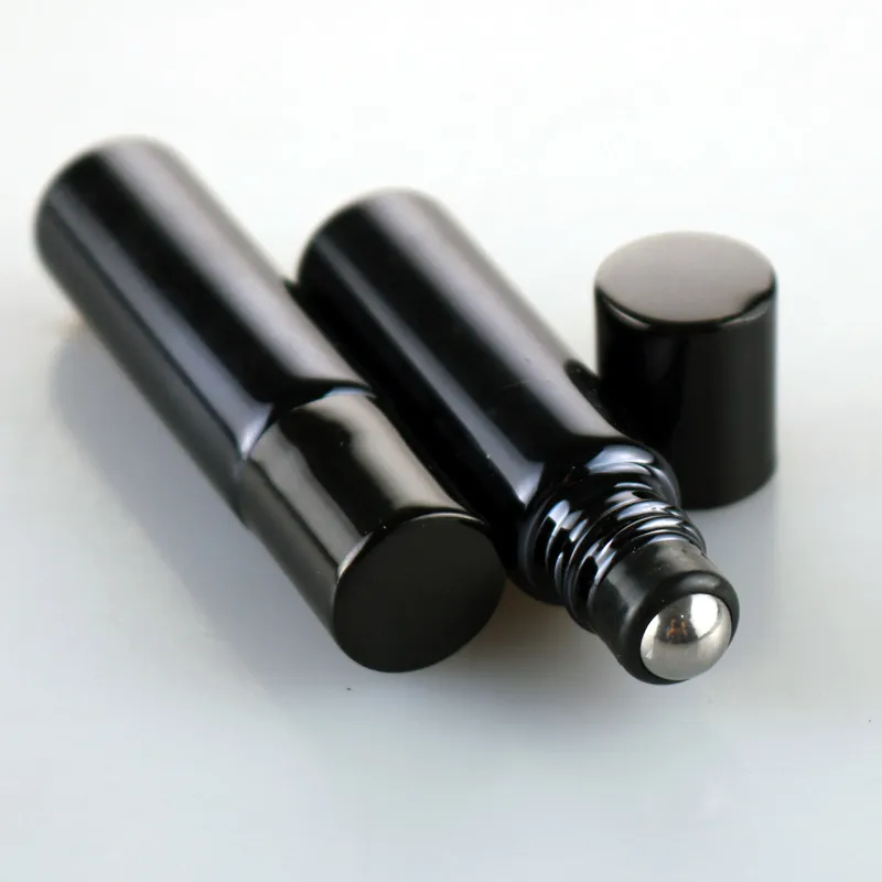 5 ml/10 ml klassische schwarze UV-Beschichtung Glas ätherisches Öl Flasche Stahl Roller Augencreme Jar 1/3 Unzen Stahlkugel Glaskugel für Sie Großhandel