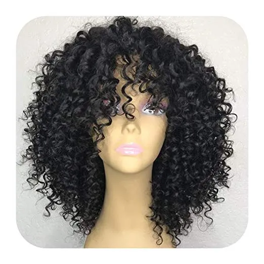 Afrikansk brasiliansk kinky Curly Wig Human Afro Full Wigs för Black Women Virgin Deep Wave Lace Front med Bangs Fiinge 150% density 14inch