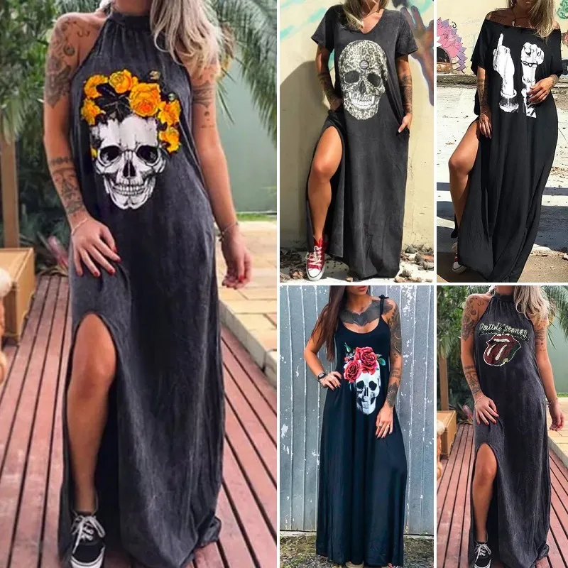 Femme lâche licou cou sans manches crâne imprimer femmes robe rue mode côté haute fendu fleur imprimer pansement robe d'été