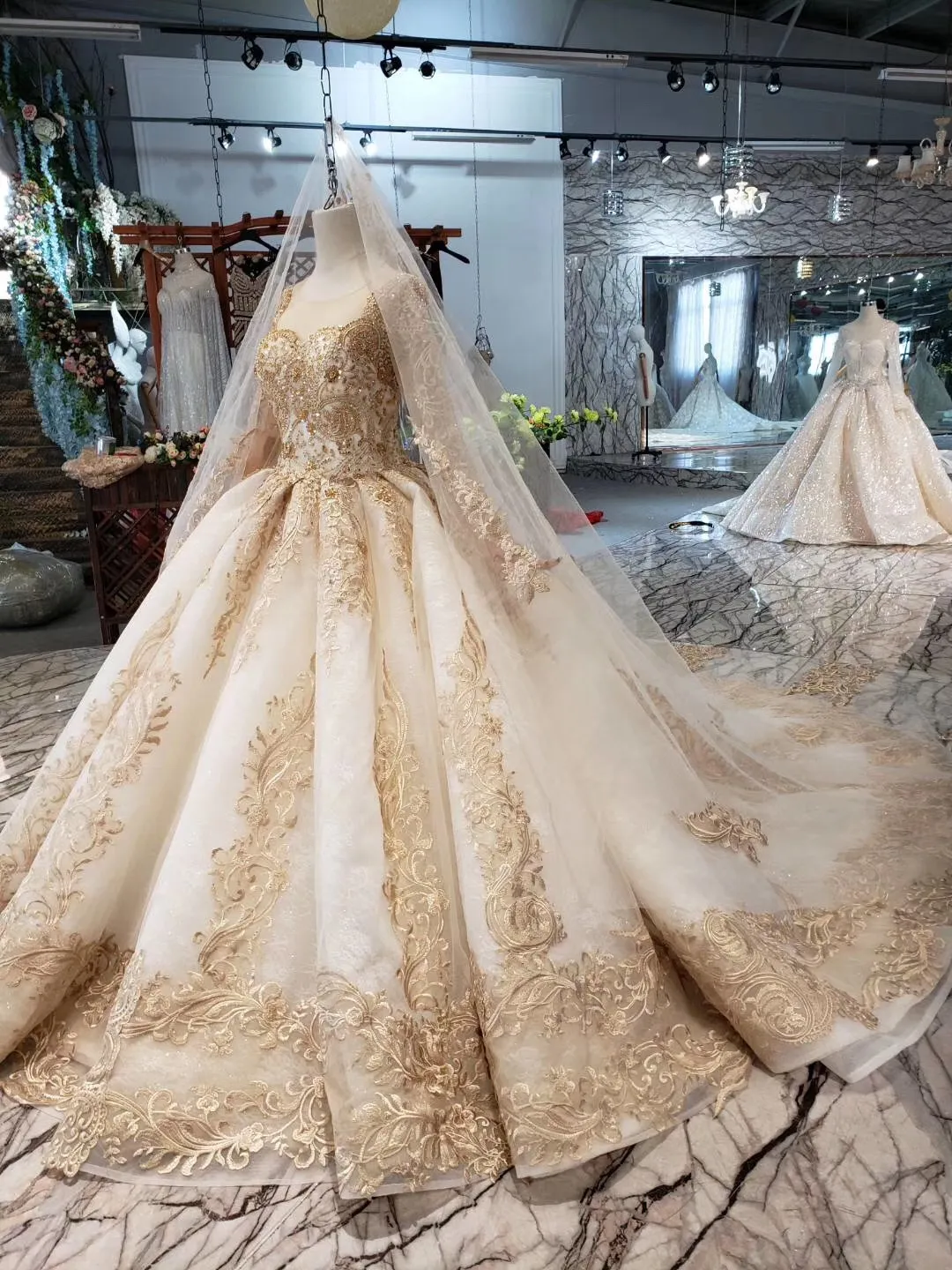 Elegant Arabic kourtney wedding dress with Gold Appliques, Full Sleeves, and Cathedral Train - 2019 Gown Bridal G G Elegant Arabic kourtney wedding dress with Gold Appliques, Full Sleeves, and Cathedral Train - 2019 Gown Bridal G G