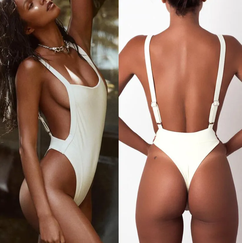 2019 Solid Black Backless Monokini One Piece Thong Swimsuit For