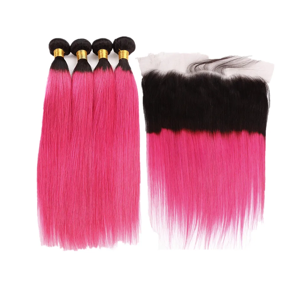 Mörka rötter rosa färg raka 3bundles med spets frontal silkeslen raka hårförlängningar med färgad 1b varm rosa frontlutning 13x4