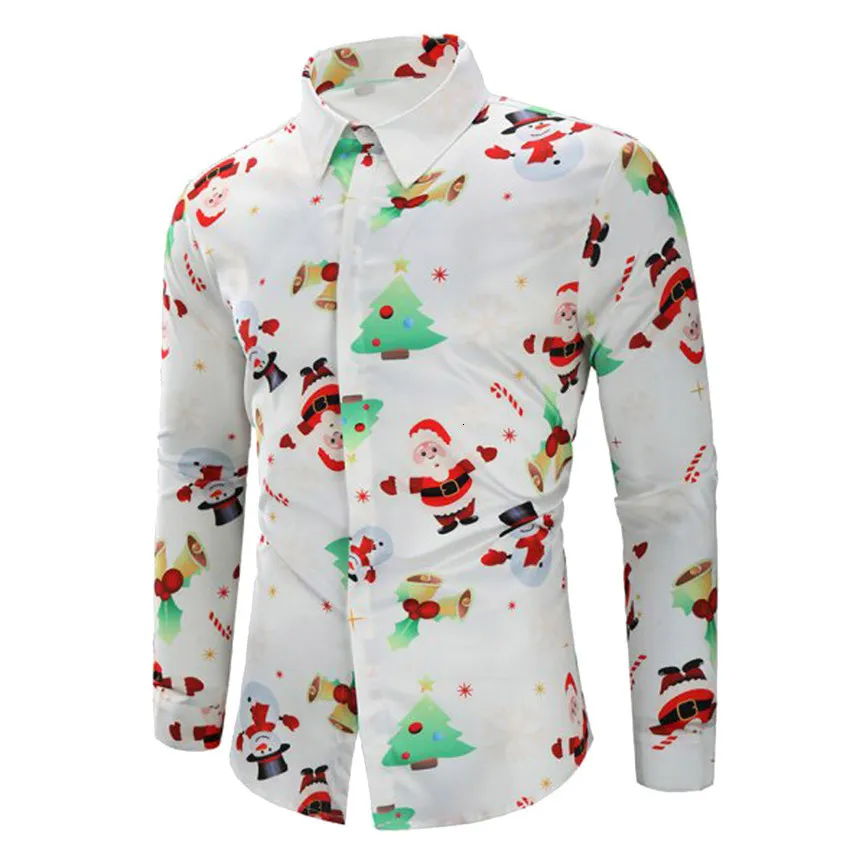 Chemises décontractées pour hommes Camisa Masculina Hommes Flocons de neige Santa Candy Imprimé Chemise de Noël Top Blouse Chemise Homme Noel Long SL250Q