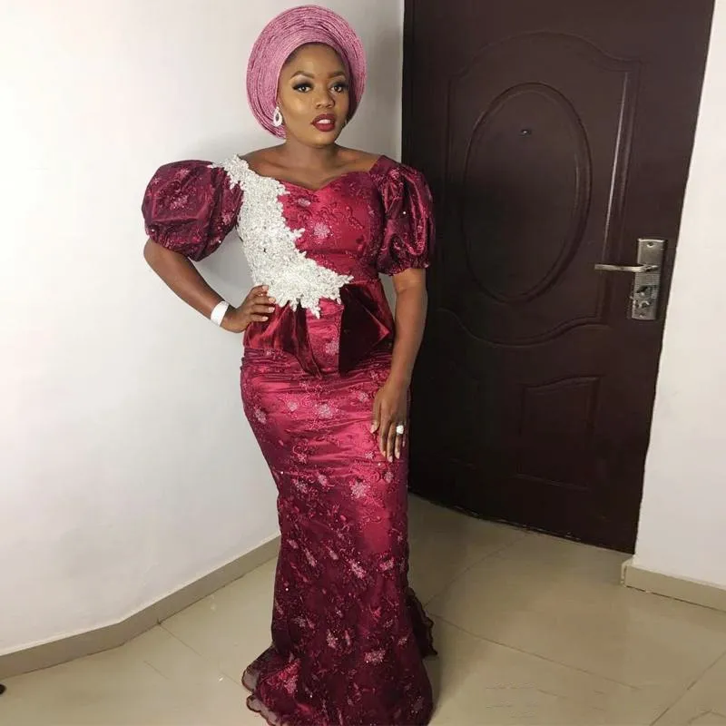 Dark Red Lace Applique Mermaid Nigerian Prom Dresses With Short
