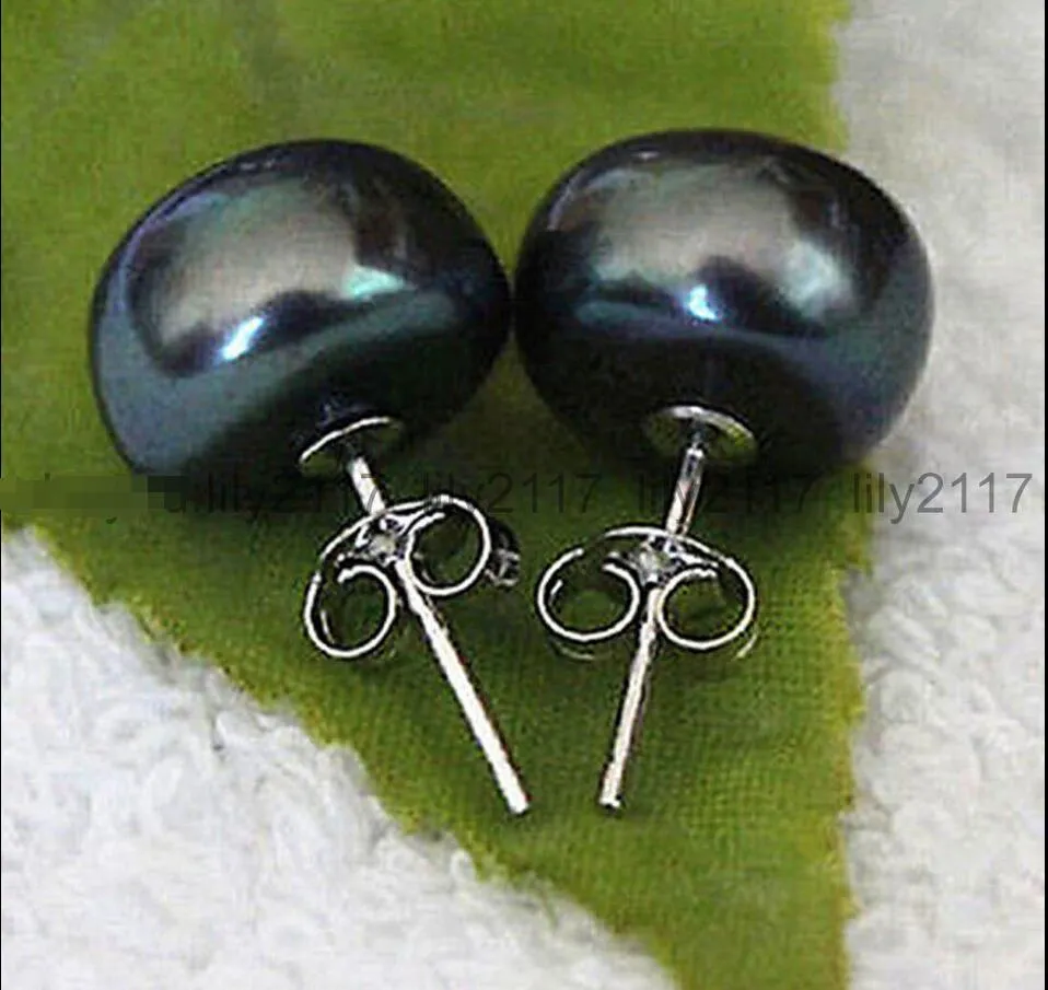 Boucle d'oreille de perles d'eau douce noire 11-12mm neuve avec argent noir 925 S