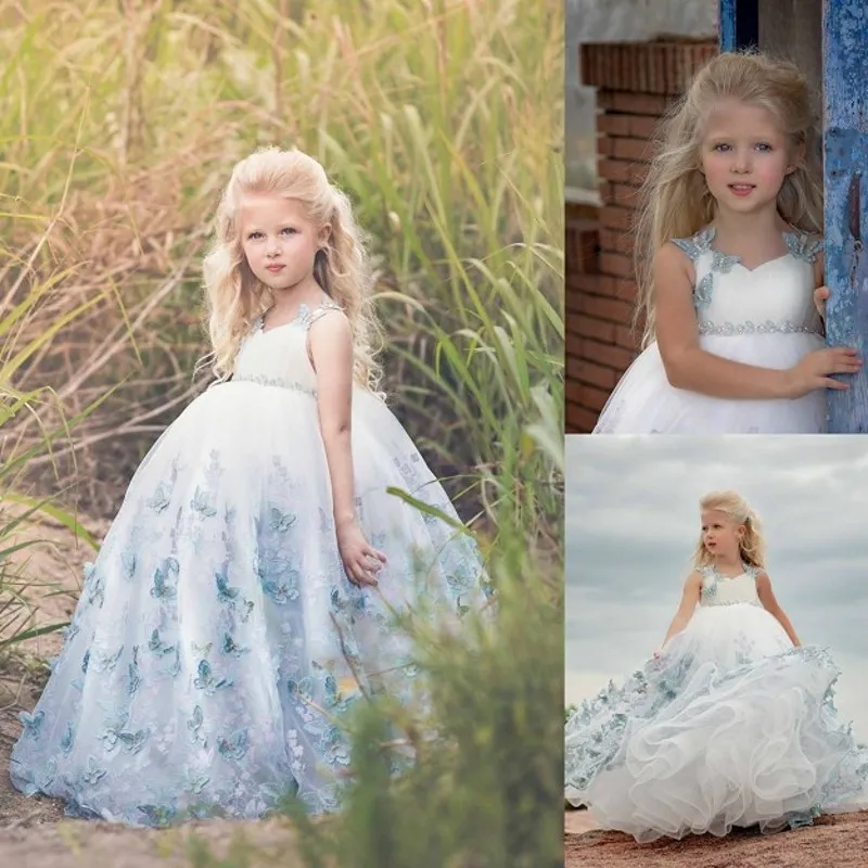 2020 Prinses Mouwloze V Back Kant Crystal Flower Jurken Blue Custom Made Girls Kids Avondjurken First Communion Jurk